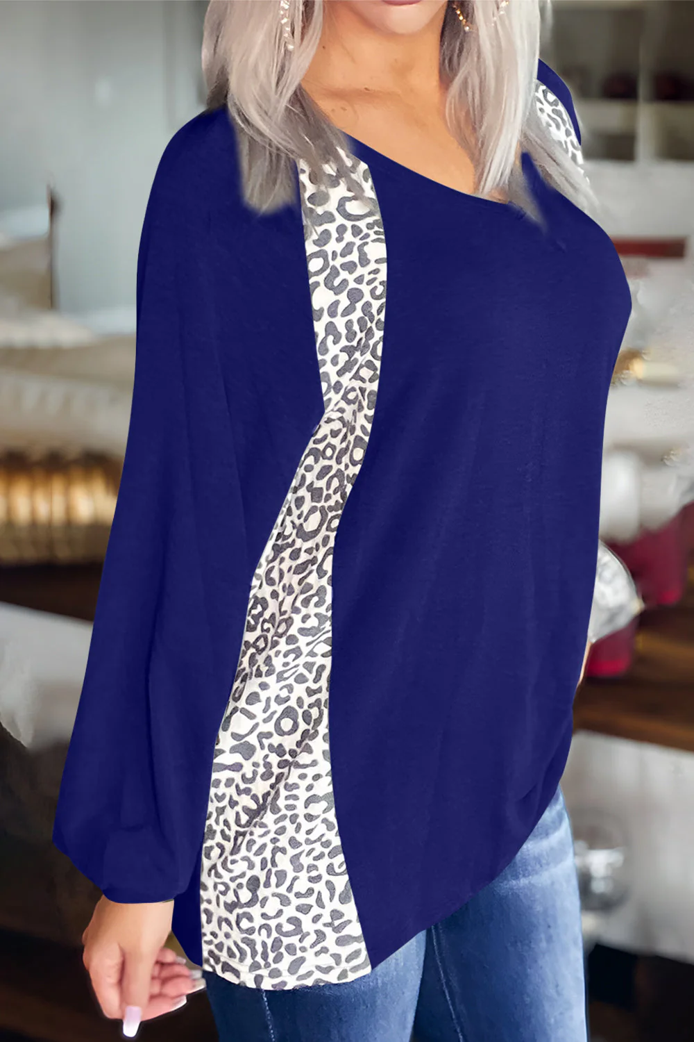 Full Size Leopard V-Neck Long Sleeve T-Shirt - Image 5