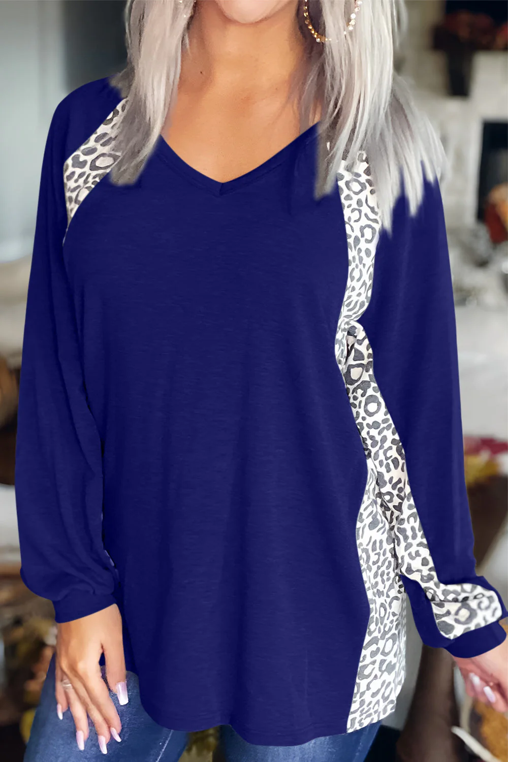 Full Size Leopard V-Neck Long Sleeve T-Shirt - Image 6