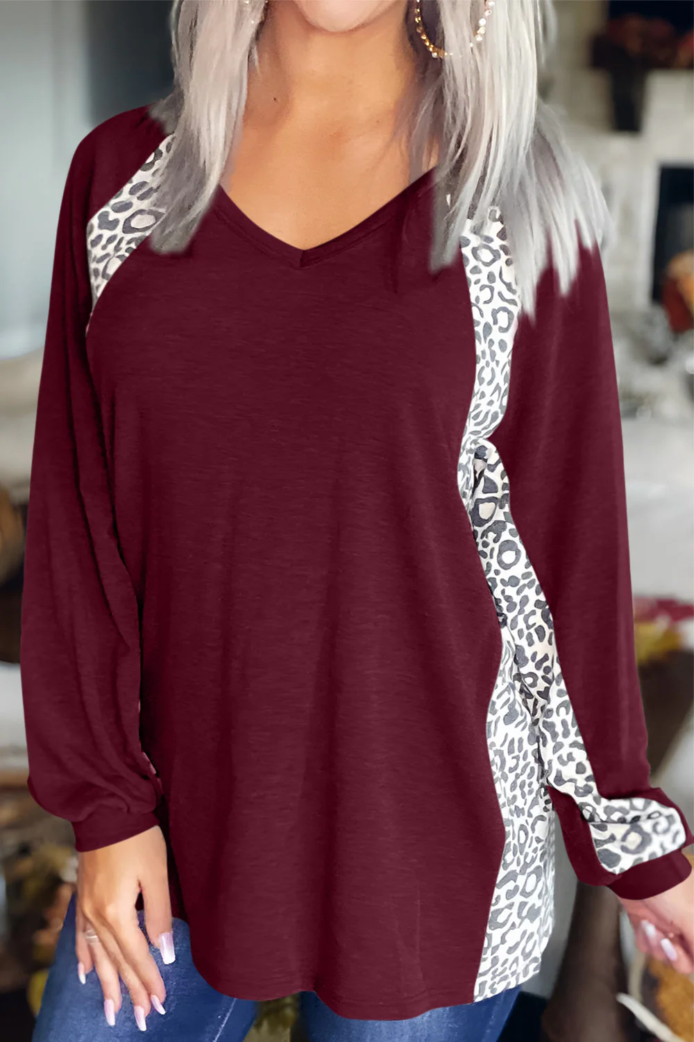 Full Size Leopard V-Neck Long Sleeve T-Shirt - Image 9