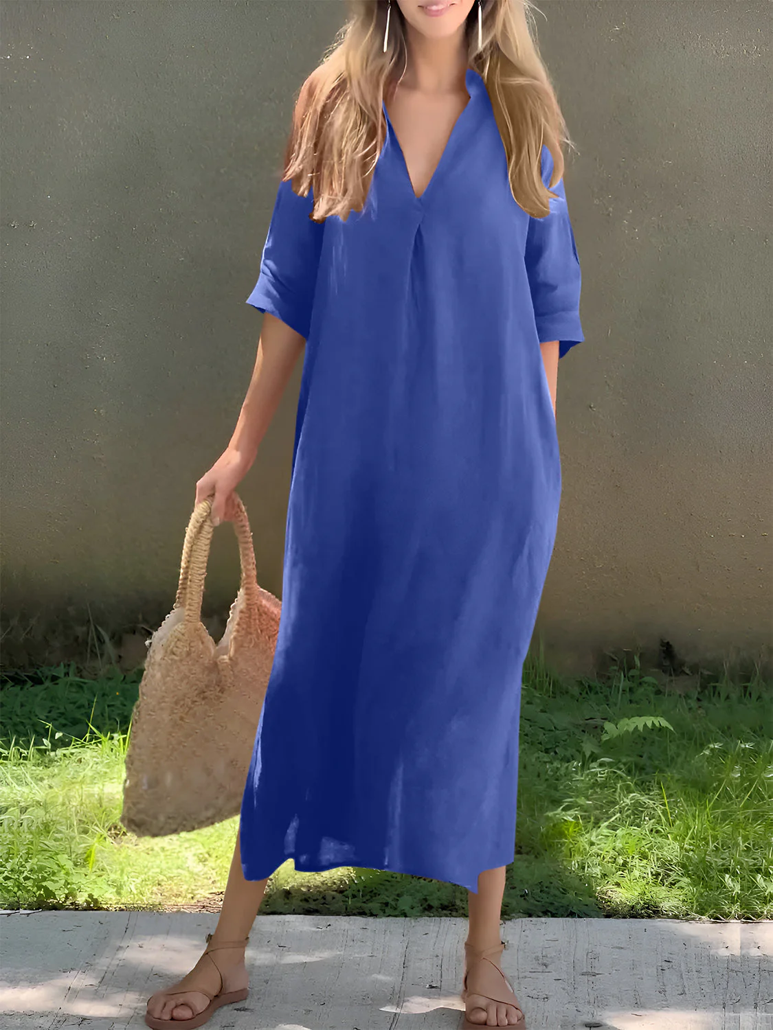 Full Size Notched Half Sleeve Midi Dress - Image 10