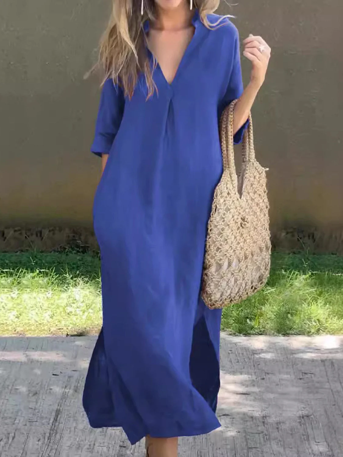 Full Size Notched Half Sleeve Midi Dress - Image 11