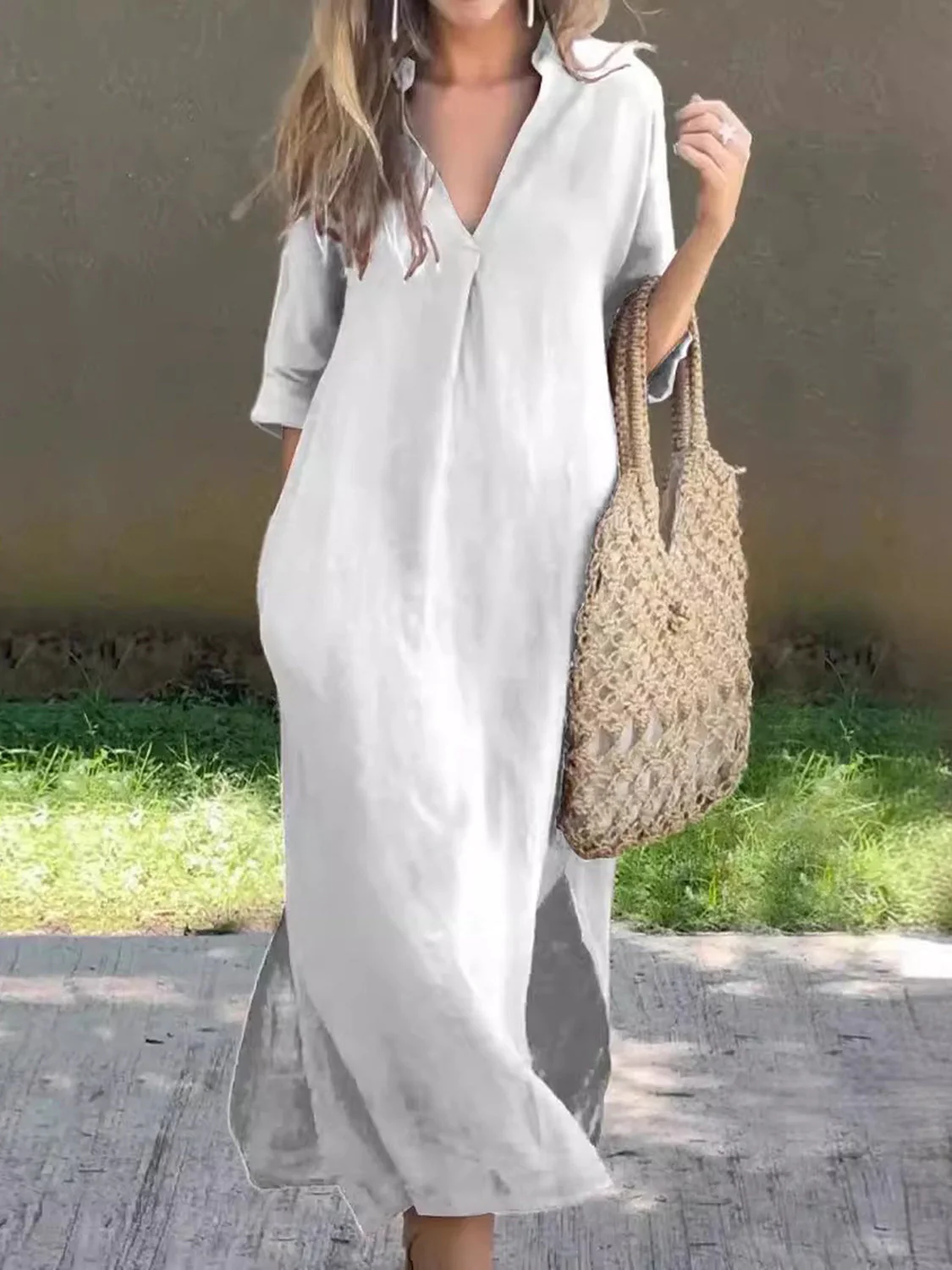 Full Size Notched Half Sleeve Midi Dress - Image 13
