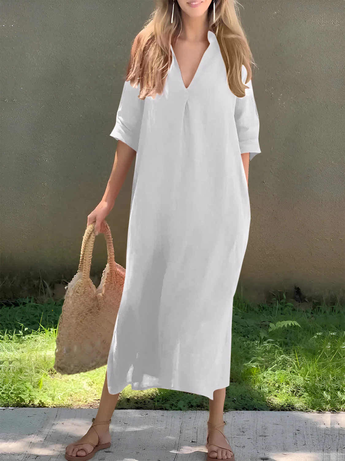 Full Size Notched Half Sleeve Midi Dress - Image 15
