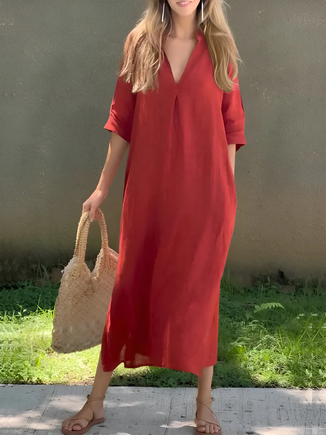 Full Size Notched Half Sleeve Midi Dress - Image 2