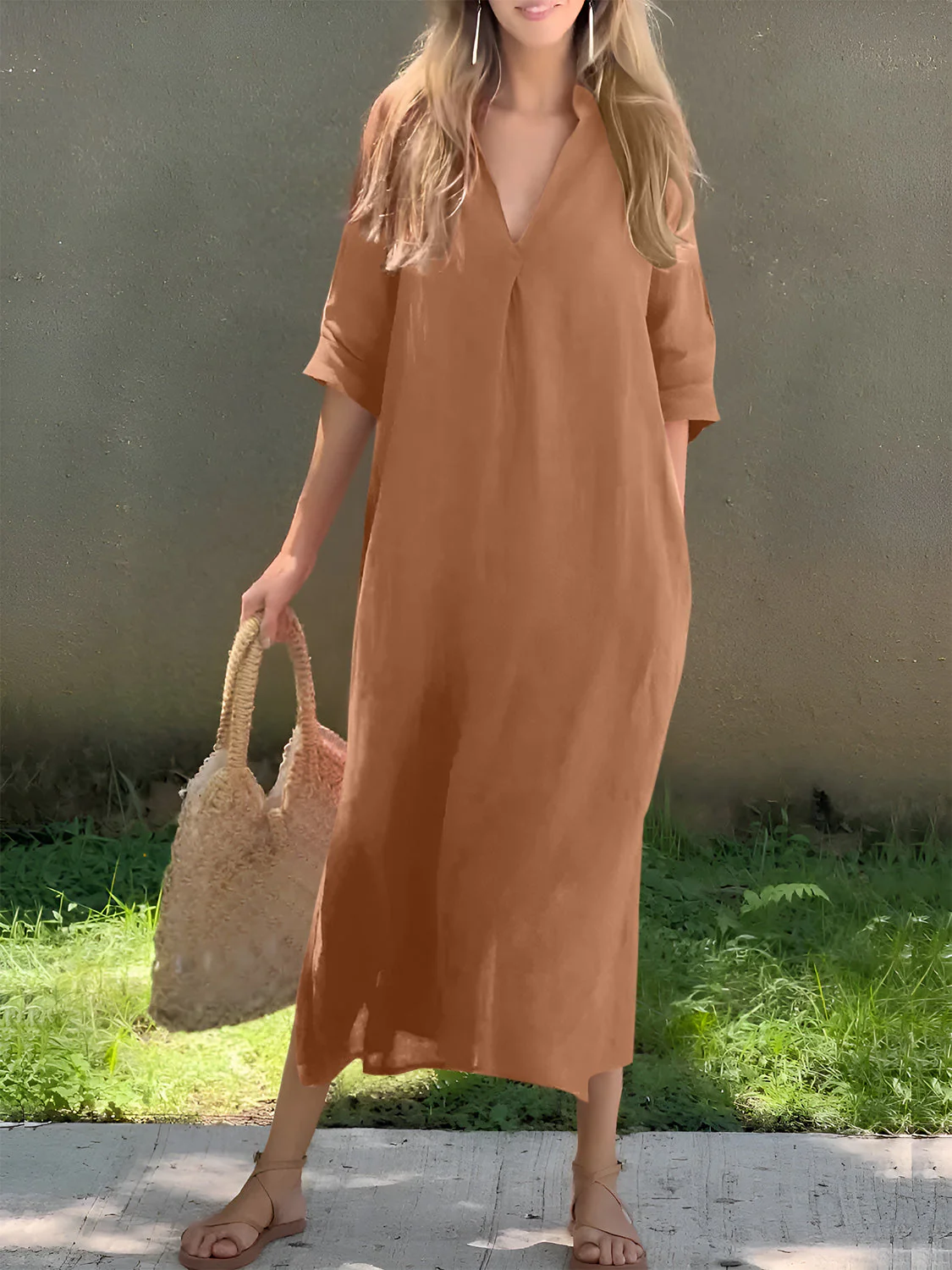 Full Size Notched Half Sleeve Midi Dress - Image 4