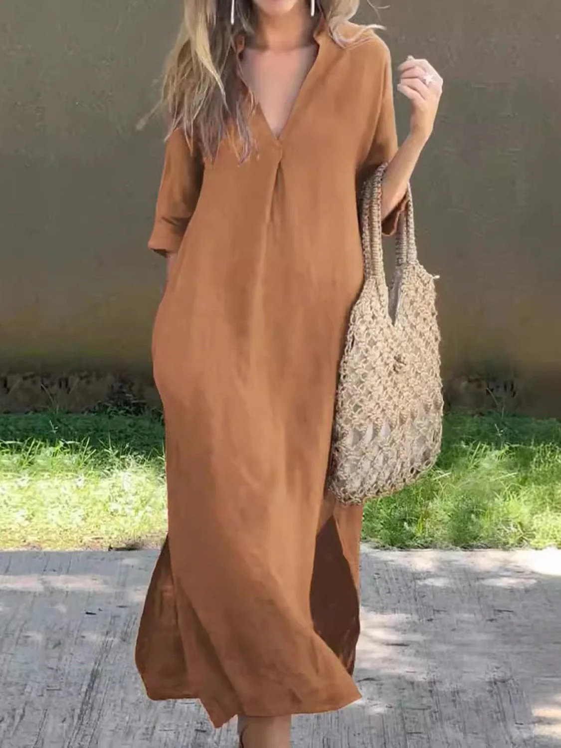 Full Size Notched Half Sleeve Midi Dress - Image 5