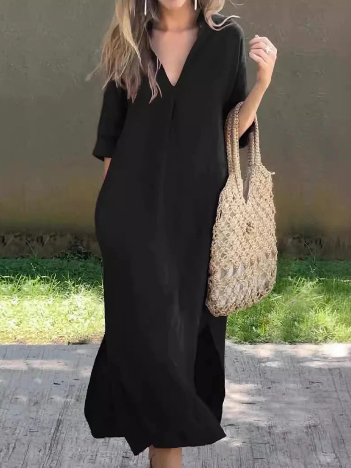 Full Size Notched Half Sleeve Midi Dress - Image 7