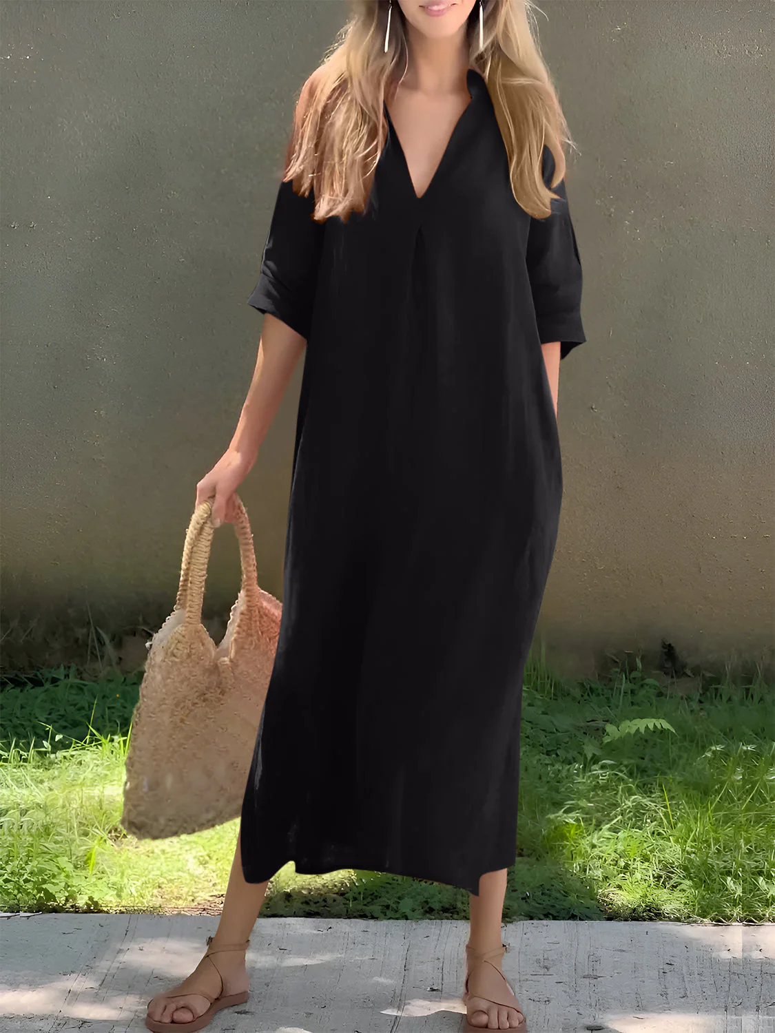 Full Size Notched Half Sleeve Midi Dress - Image 9