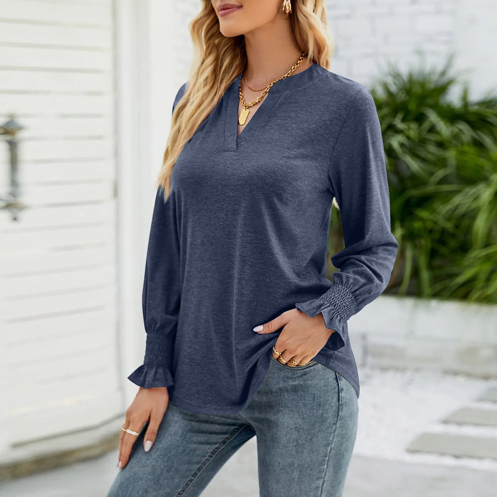 Full Size Notched Long Sleeve T-Shirt - Image 3