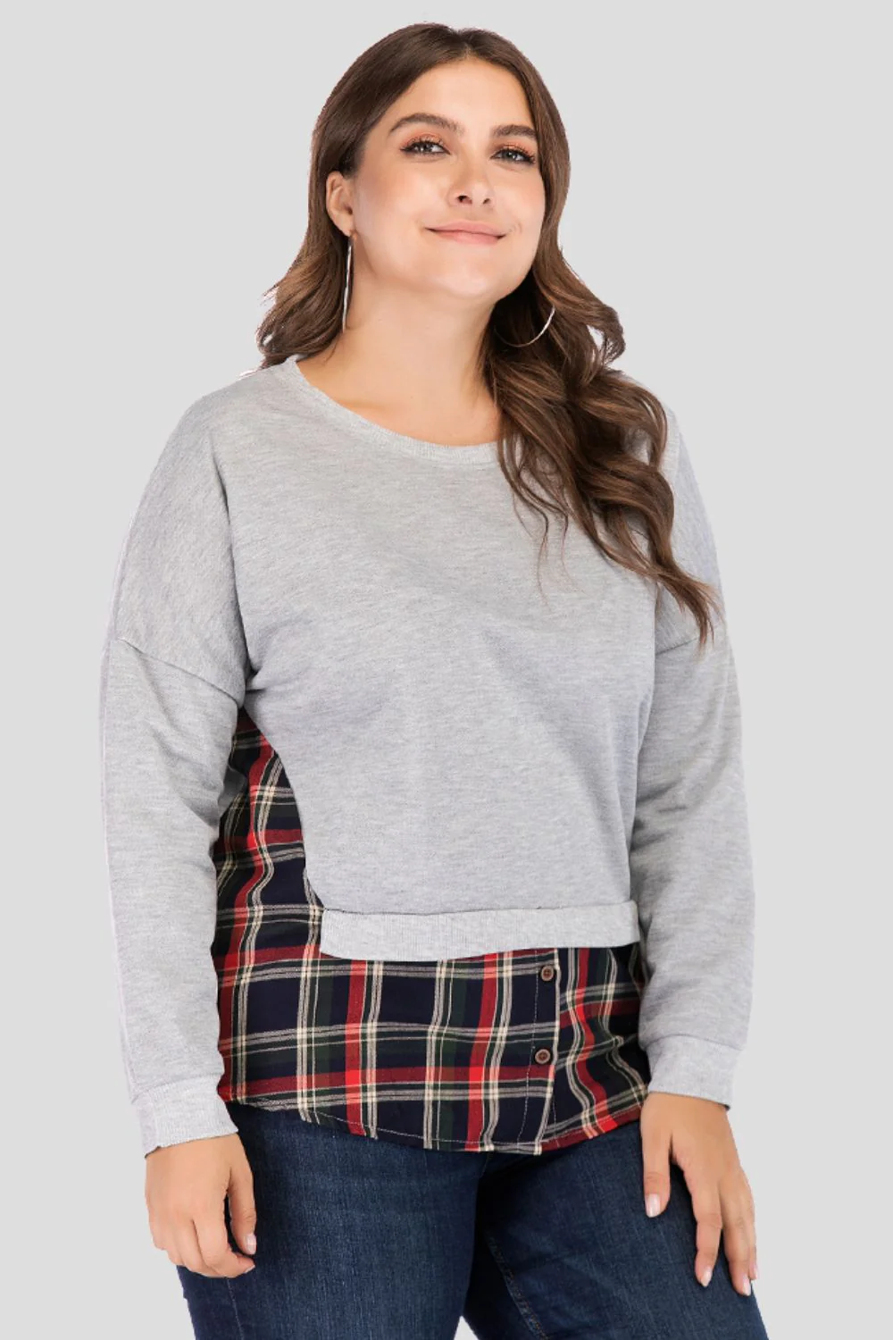Full Size Plaid Patch Drop Shoulder Round Neck Top - Image 2