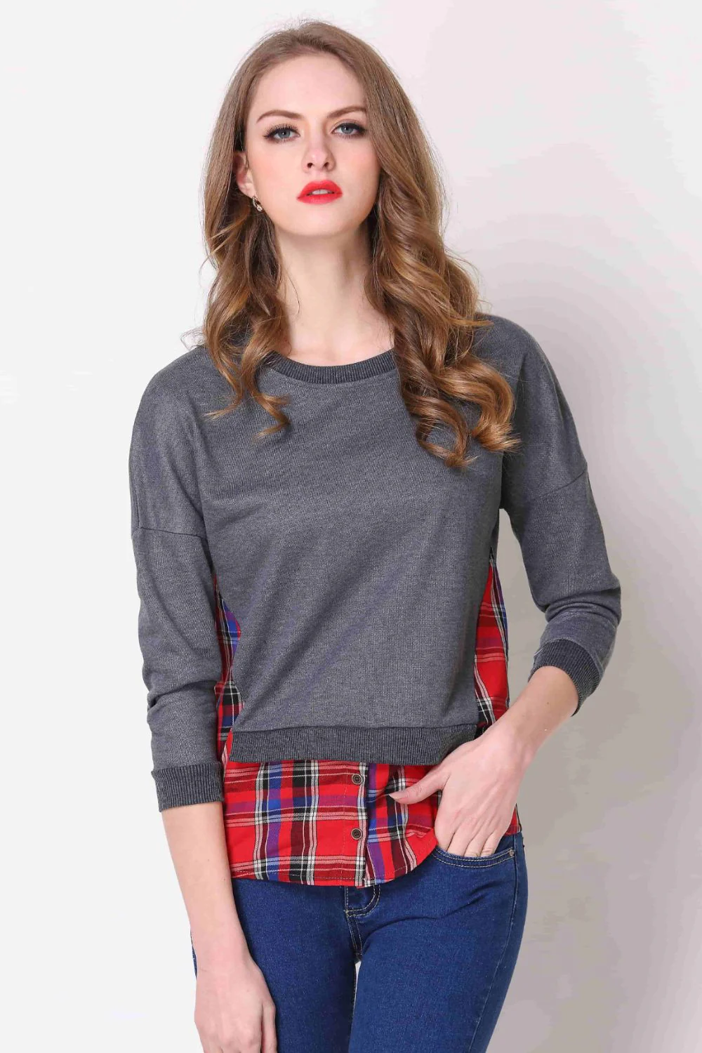 Full Size Plaid Patch Drop Shoulder Round Neck Top - Image 4