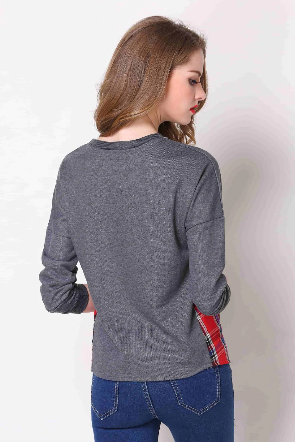 Full Size Plaid Patch Drop Shoulder Round Neck Top - Image 5