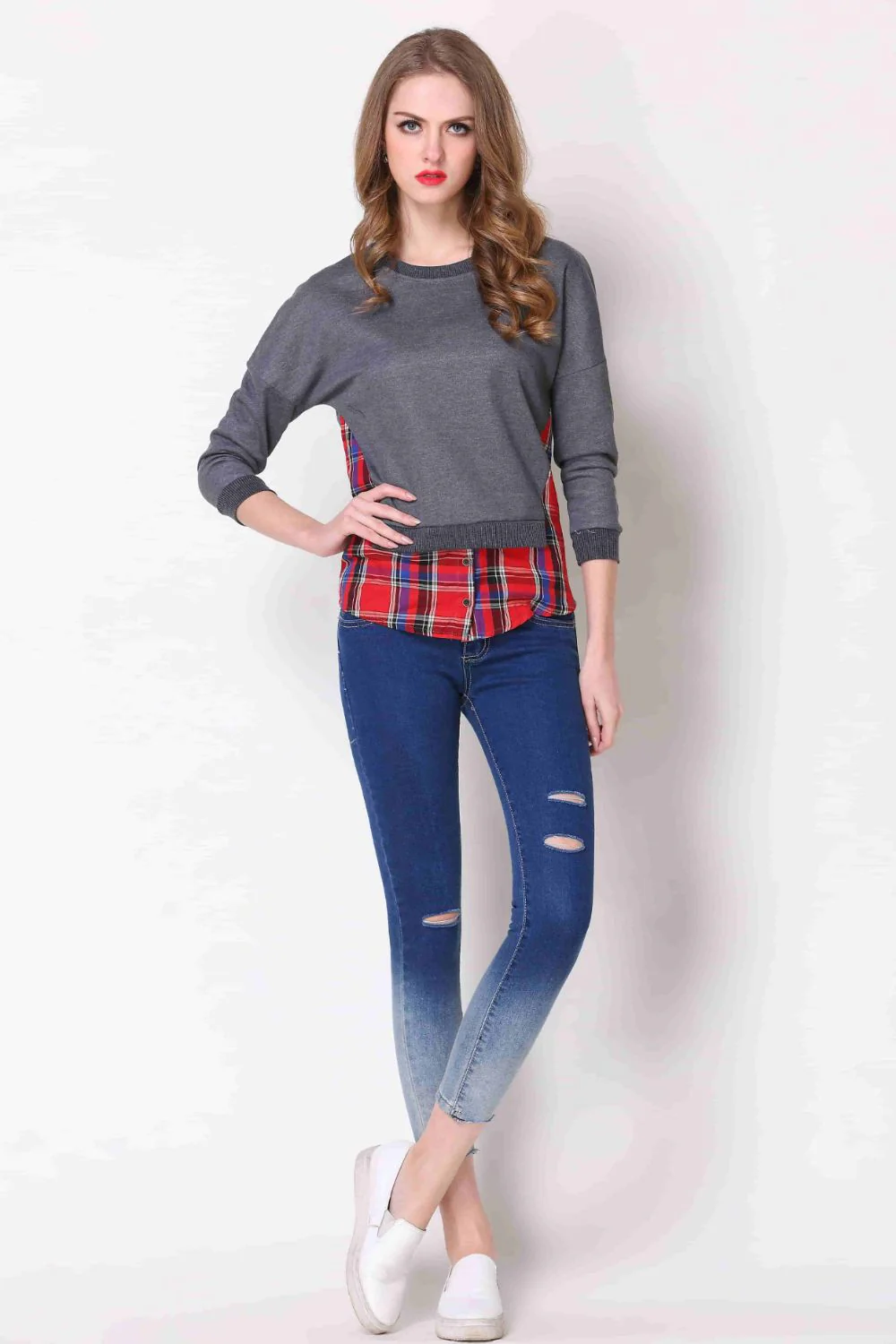 Full Size Plaid Patch Drop Shoulder Round Neck Top - Image 6