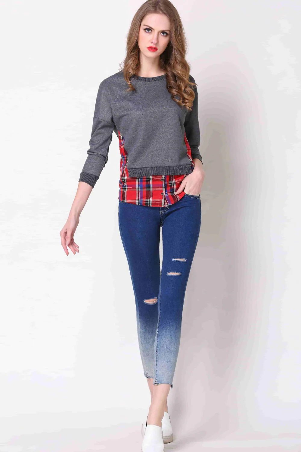 Full Size Plaid Patch Drop Shoulder Round Neck Top - Image 7