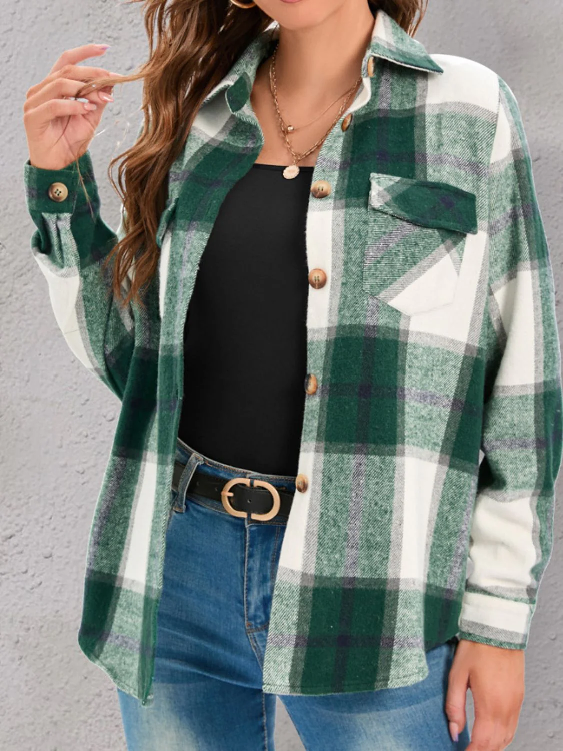 Full Size Pocketed Plaid Collared Neck Shacket - Image 10