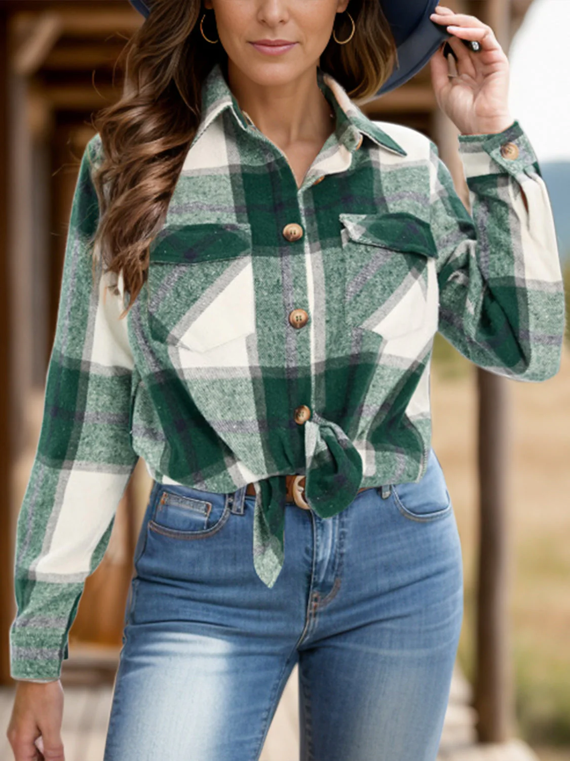 Full Size Pocketed Plaid Collared Neck Shacket - Image 11