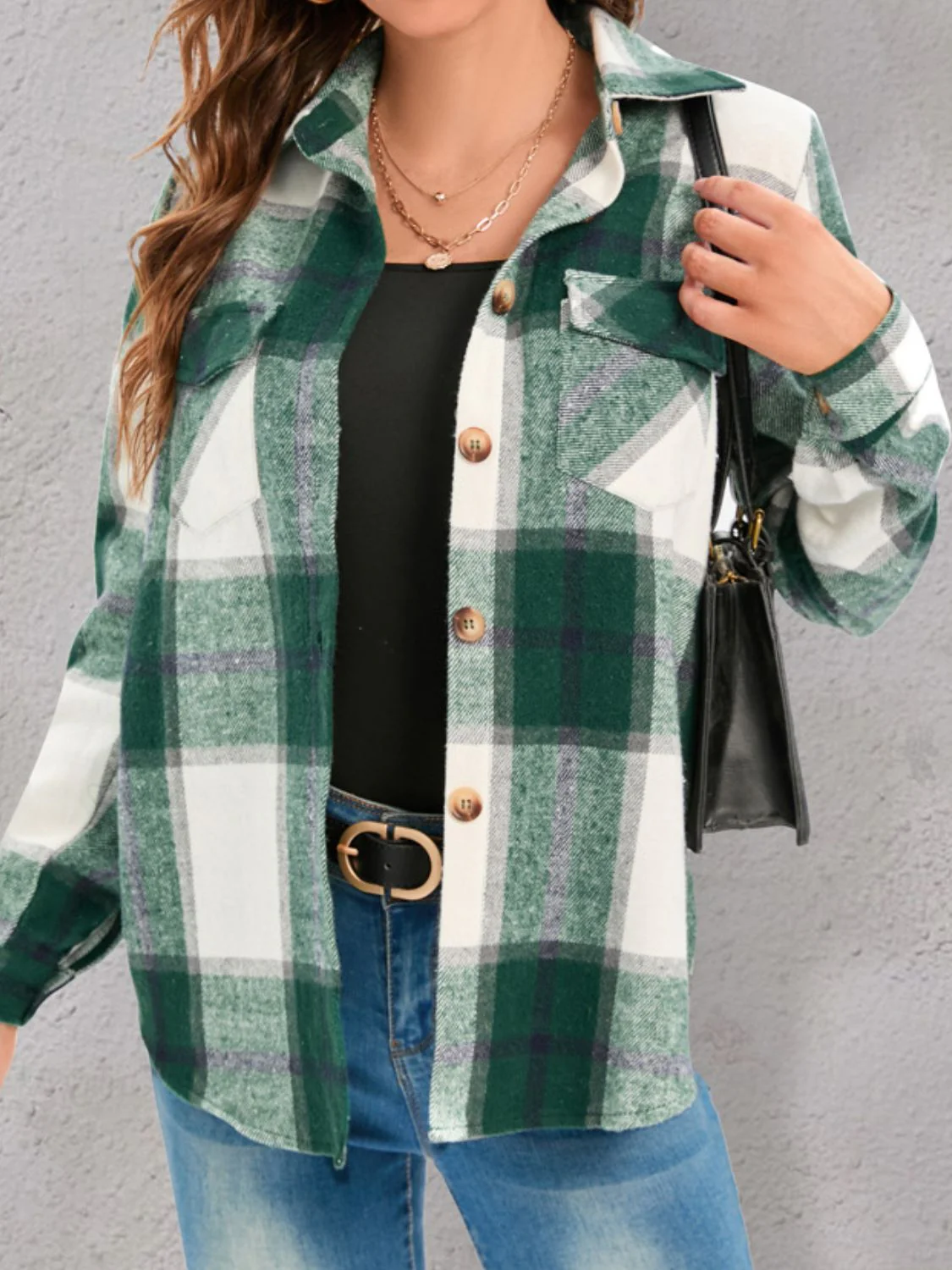 Full Size Pocketed Plaid Collared Neck Shacket - Image 12