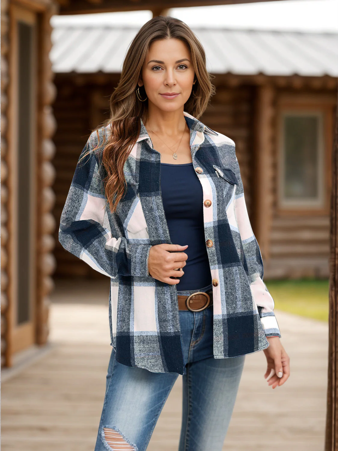 Full Size Pocketed Plaid Collared Neck Shacket - Image 2