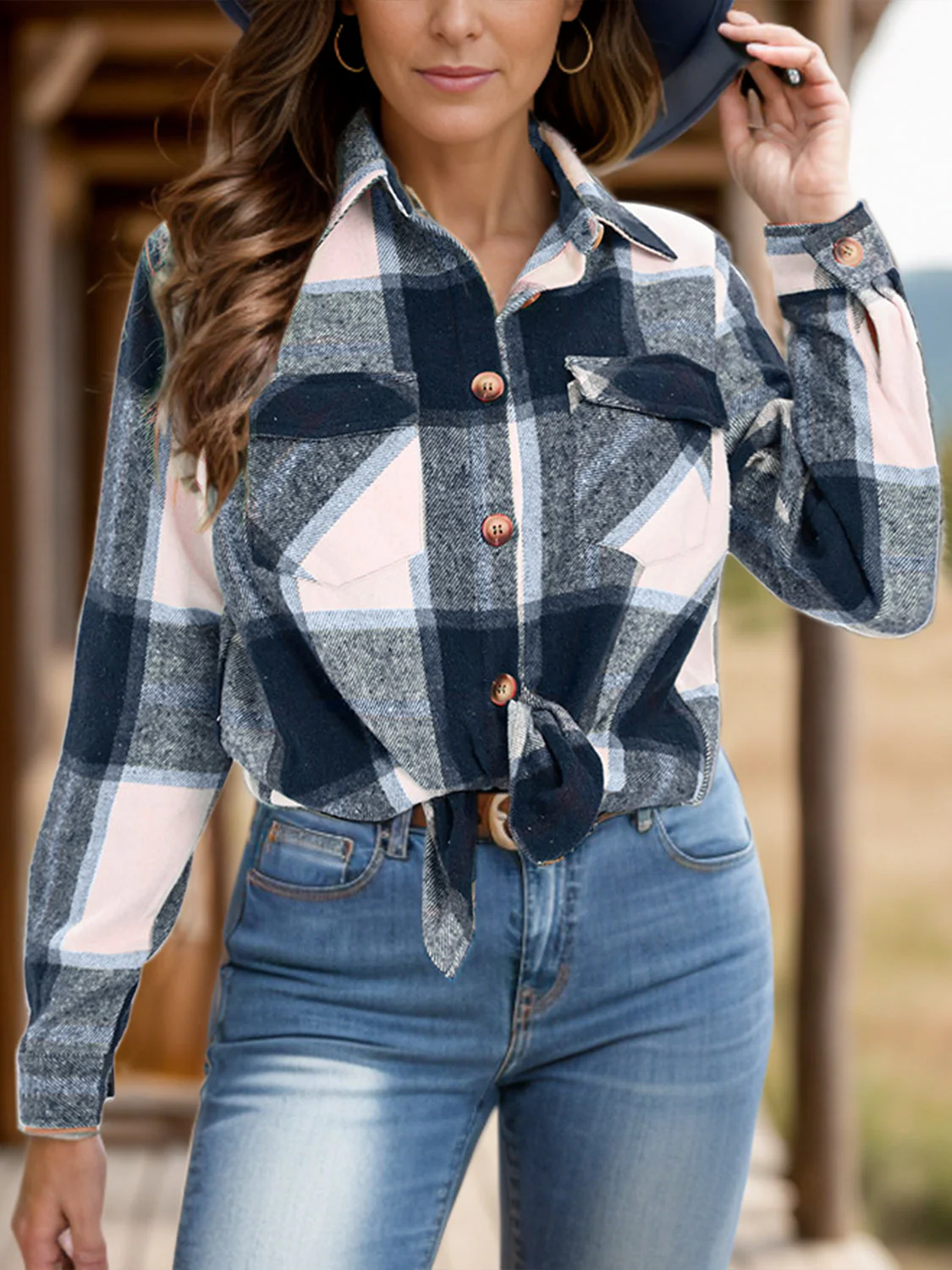 Full Size Pocketed Plaid Collared Neck Shacket - Image 3