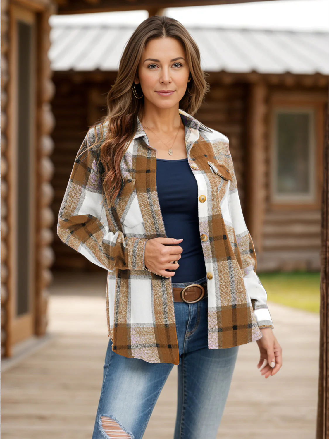 Full Size Pocketed Plaid Collared Neck Shacket - Image 4