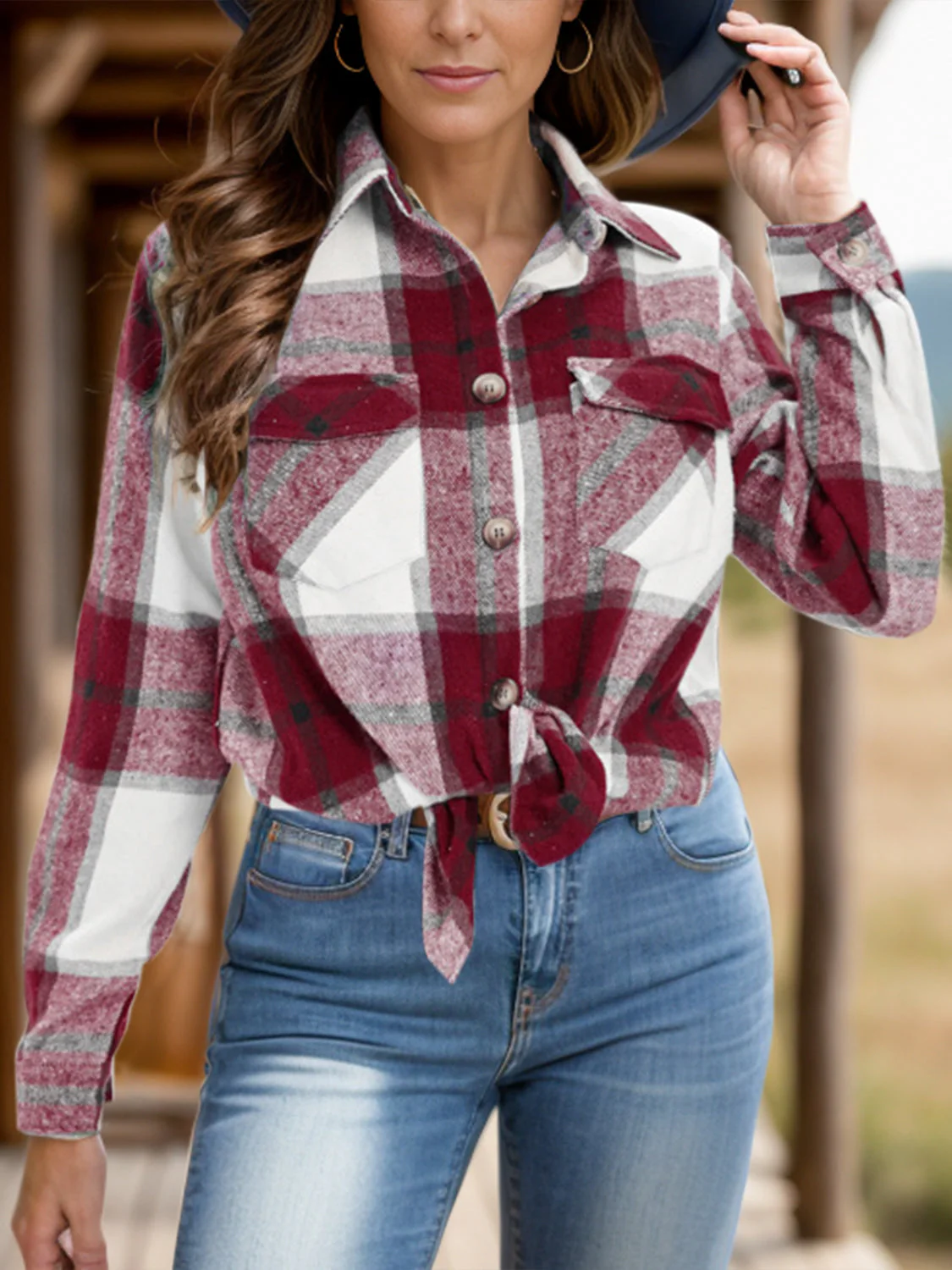 Full Size Pocketed Plaid Collared Neck Shacket - Image 7