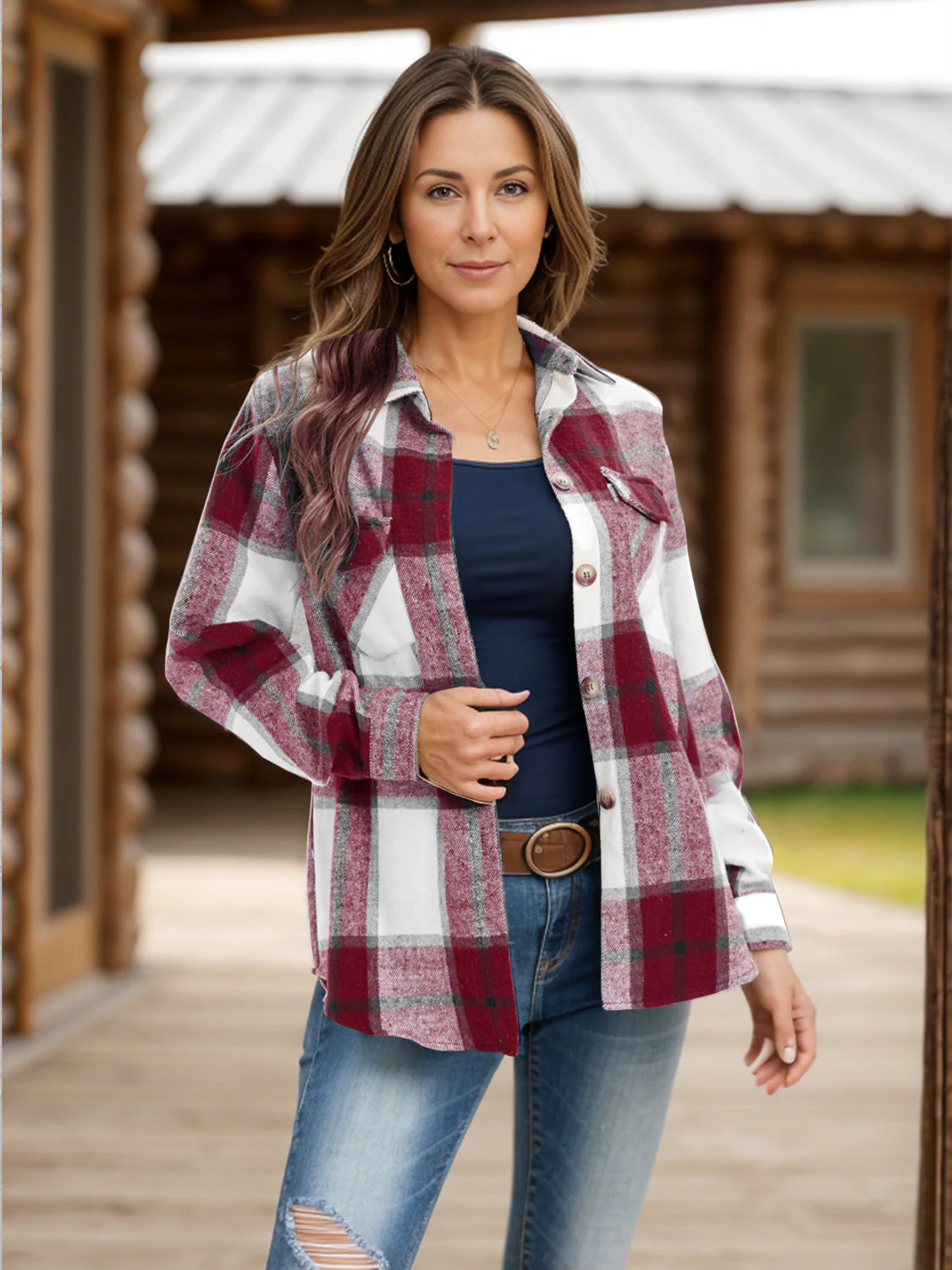 Full Size Pocketed Plaid Collared Neck Shacket - Image 8
