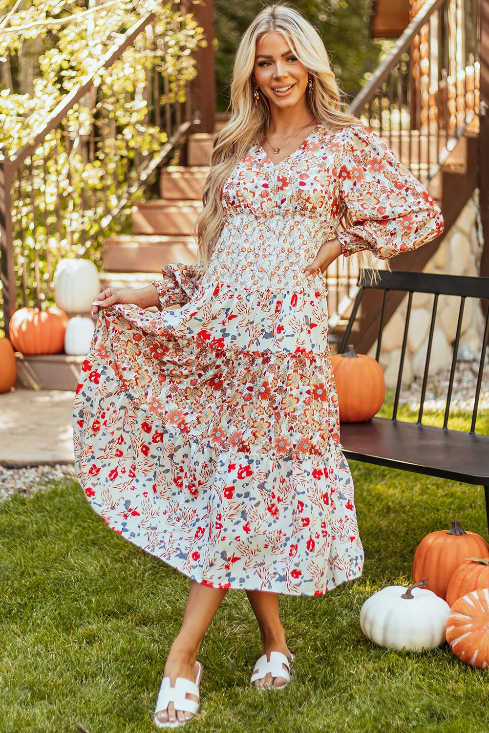 Full Size Printed V-Neck Lantern Sleeve Midi Dress - Image 2