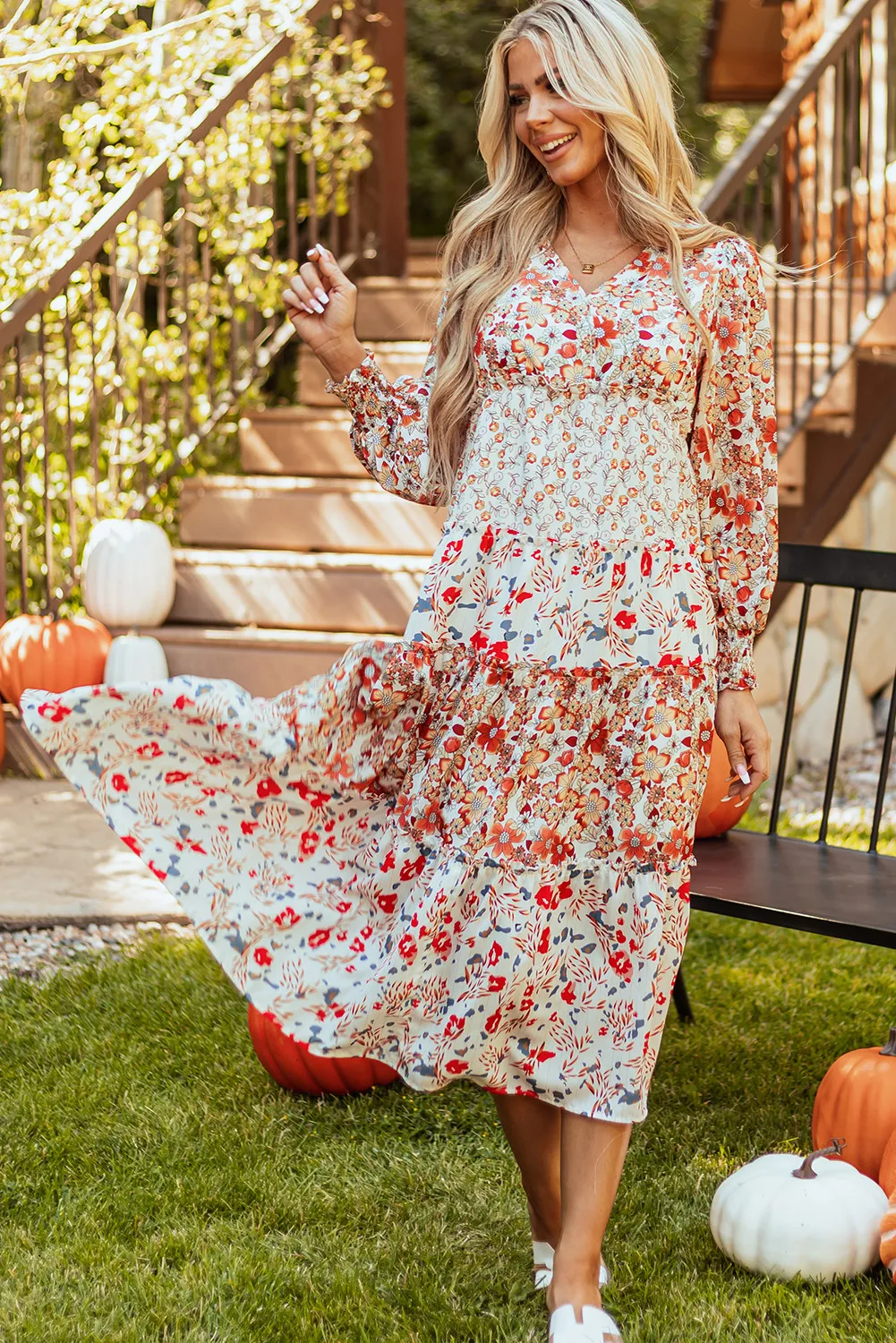 Full Size Printed V-Neck Lantern Sleeve Midi Dress - Image 3
