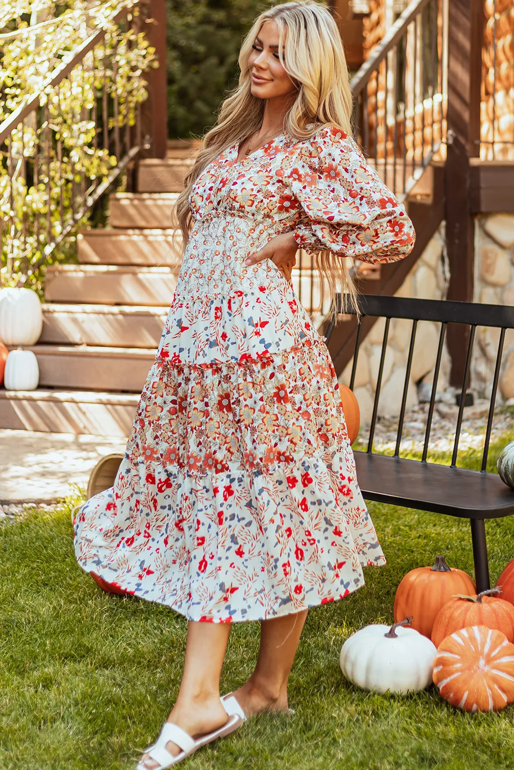 Full Size Printed V-Neck Lantern Sleeve Midi Dress - Image 4