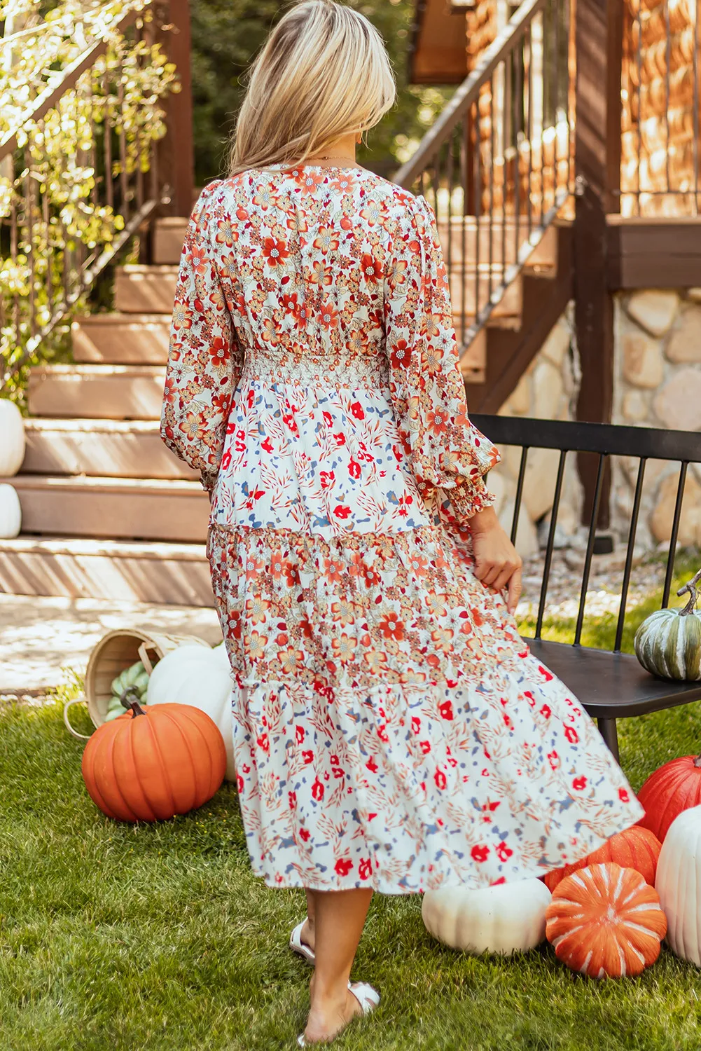 Full Size Printed V-Neck Lantern Sleeve Midi Dress - Image 5