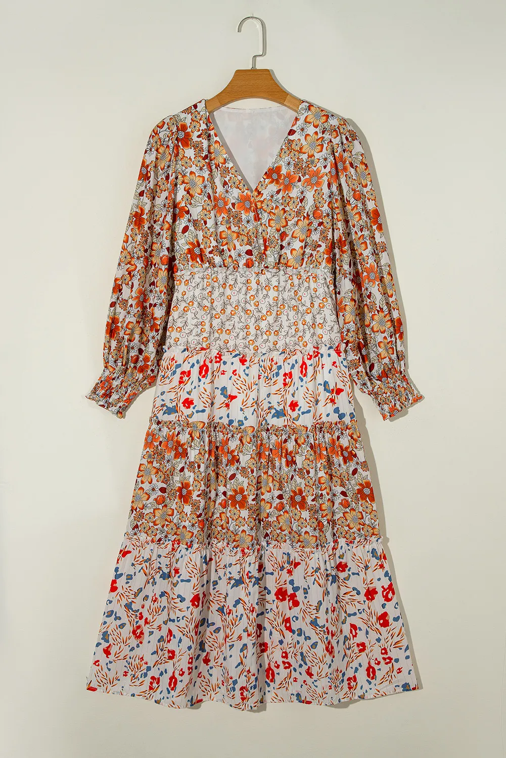 Full Size Printed V-Neck Lantern Sleeve Midi Dress - Image 6