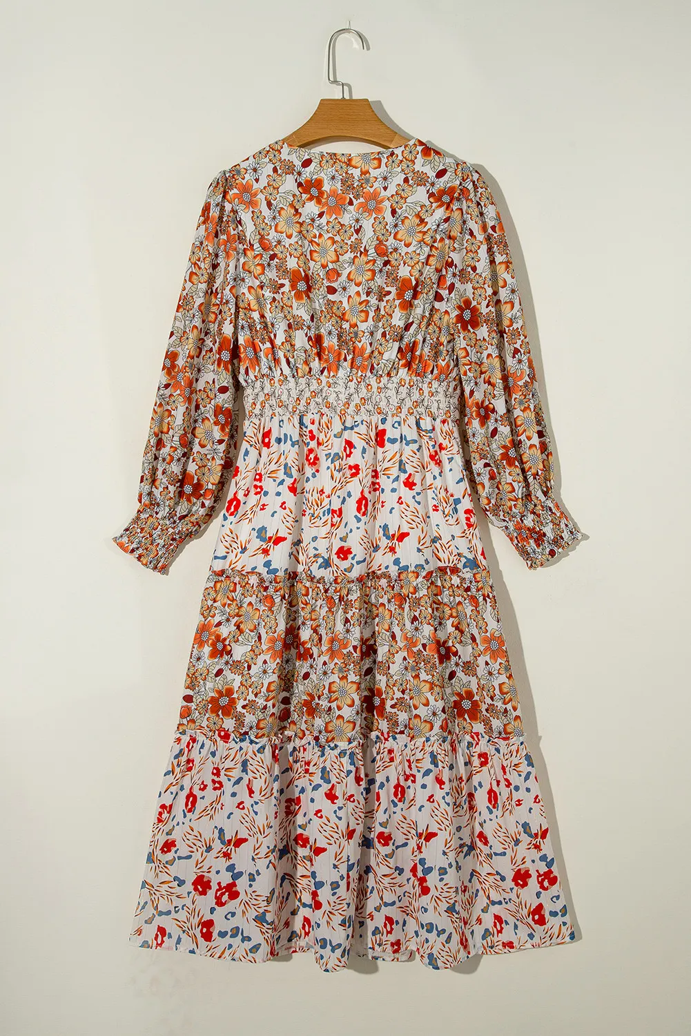 Full Size Printed V-Neck Lantern Sleeve Midi Dress - Image 7