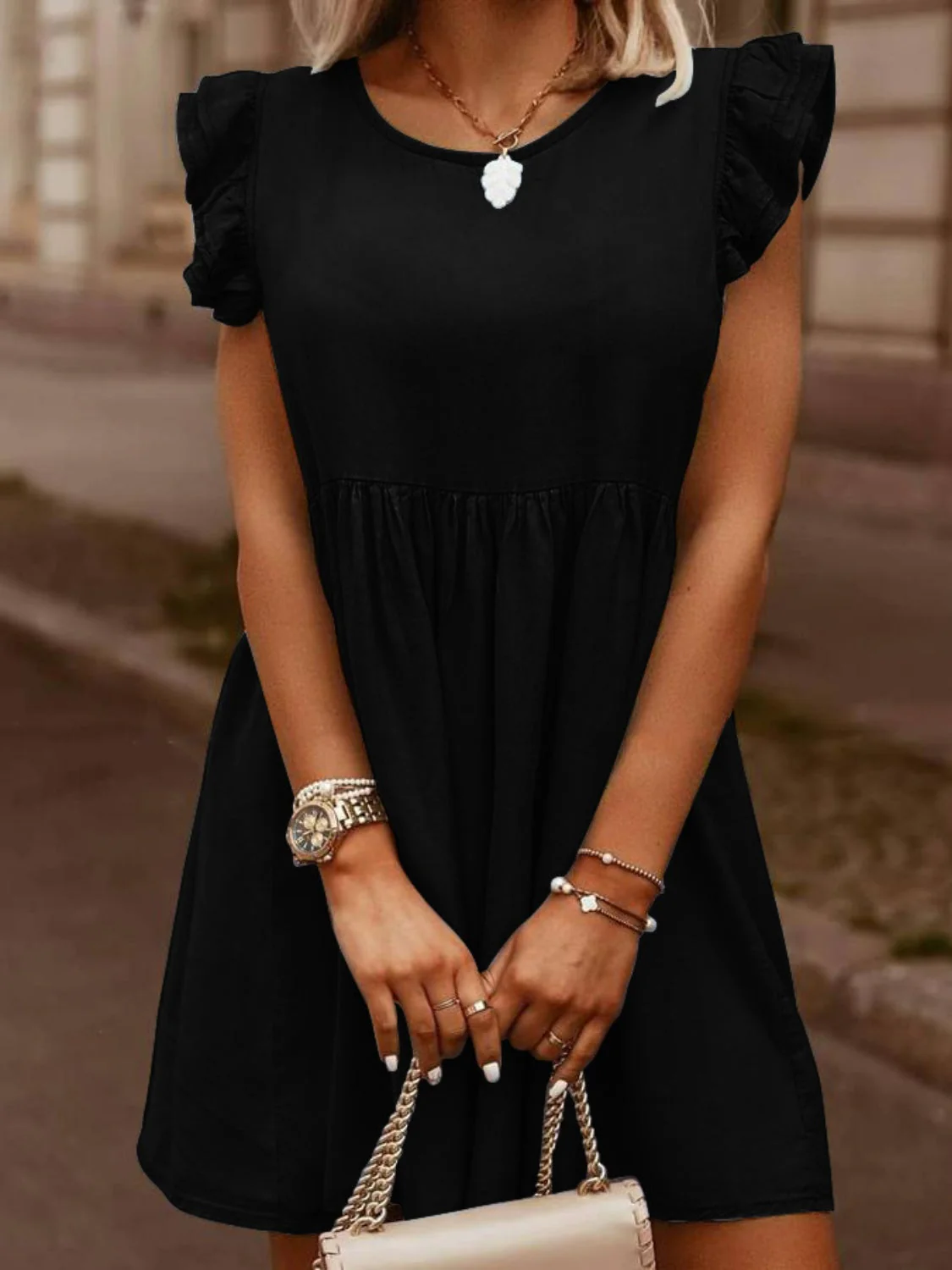 Full Size Ruffled Round Neck Cap Sleeve Denim Dress - Image 10