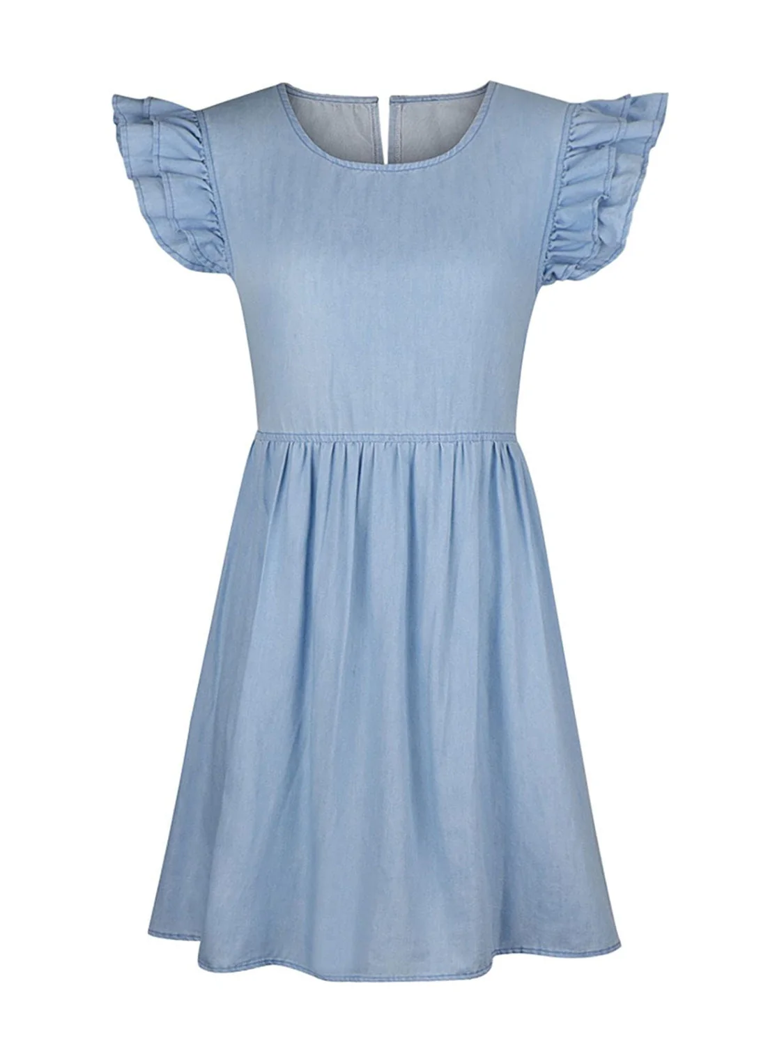 Full Size Ruffled Round Neck Cap Sleeve Denim Dress - Image 3