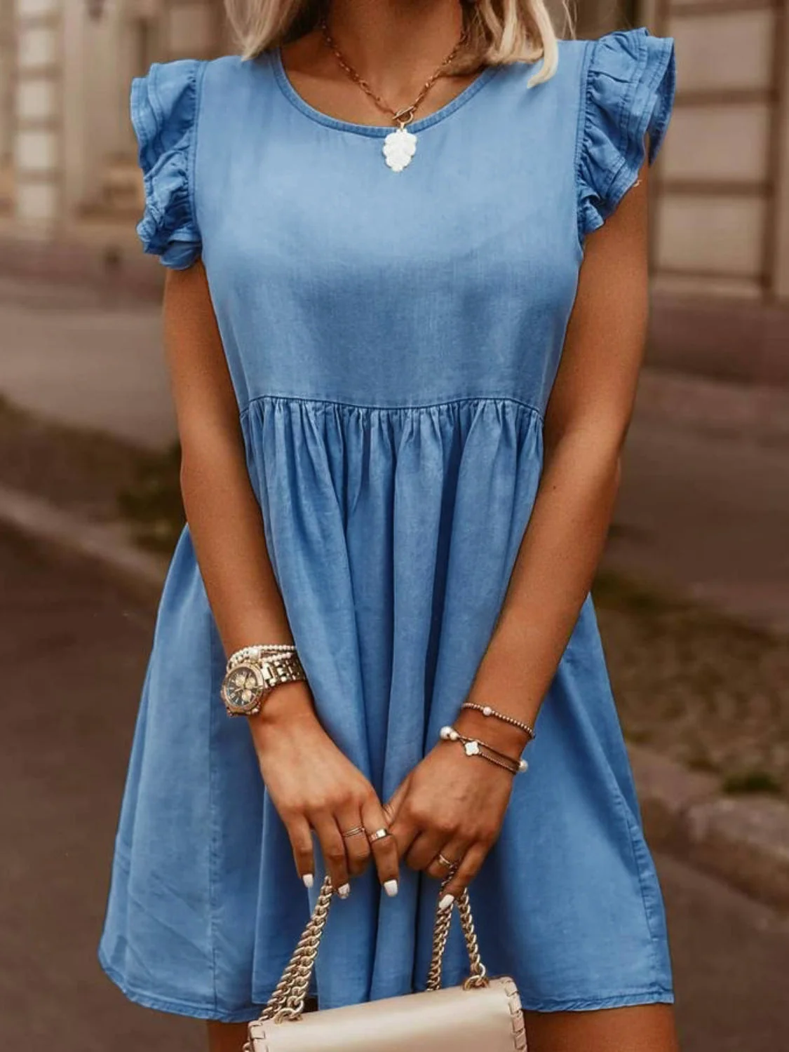 Full Size Ruffled Round Neck Cap Sleeve Denim Dress - Image 4