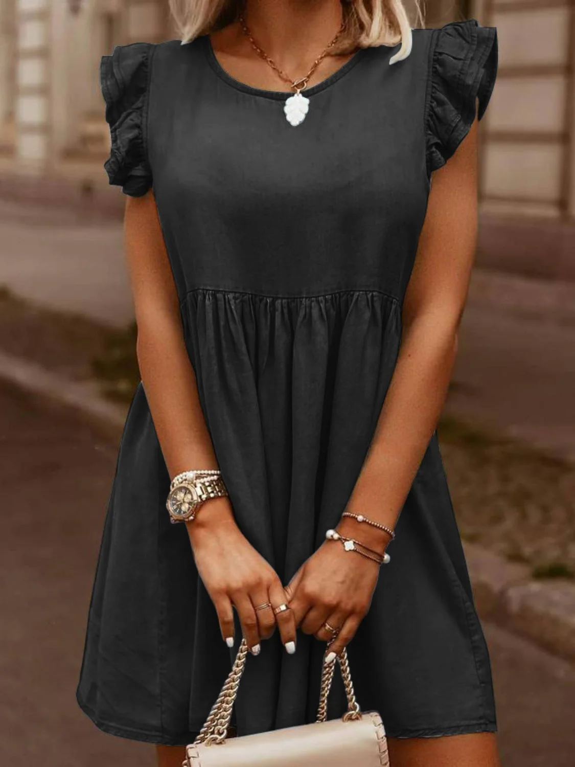 Full Size Ruffled Round Neck Cap Sleeve Denim Dress - Image 7
