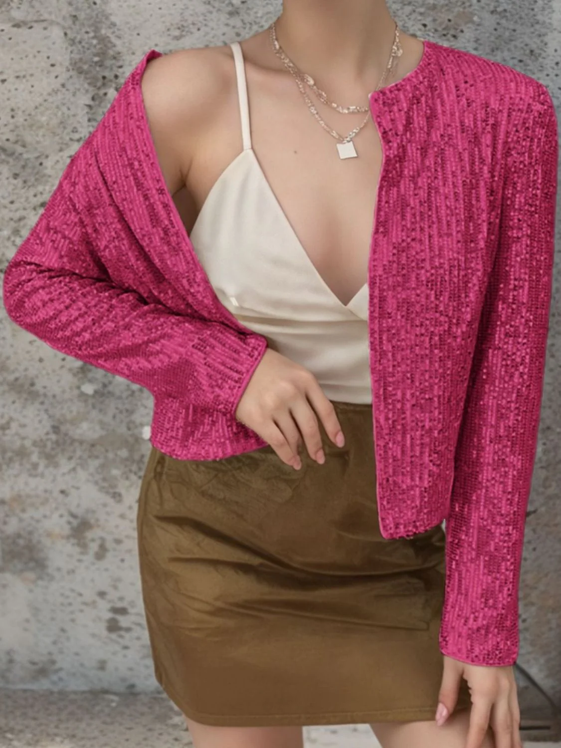 Full Size Sequin Open Front Cropped Jacket - Image 11