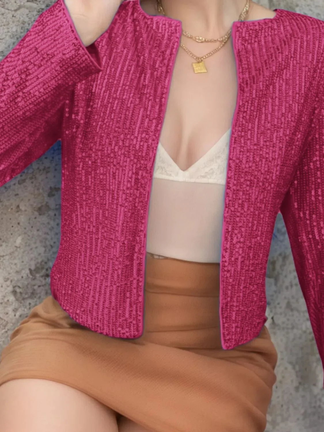 Full Size Sequin Open Front Cropped Jacket - Image 12
