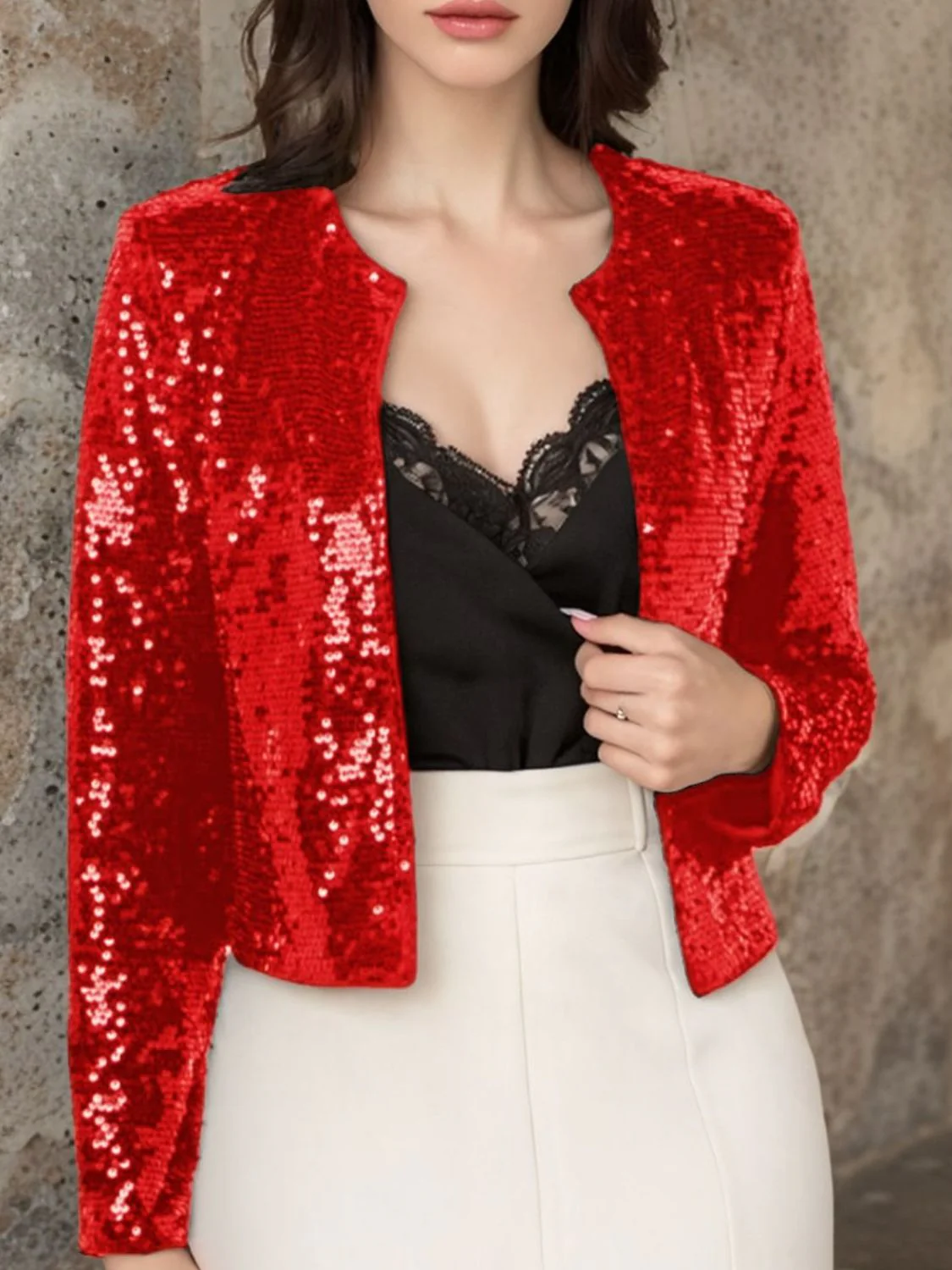 Full Size Sequin Open Front Cropped Jacket - Image 14