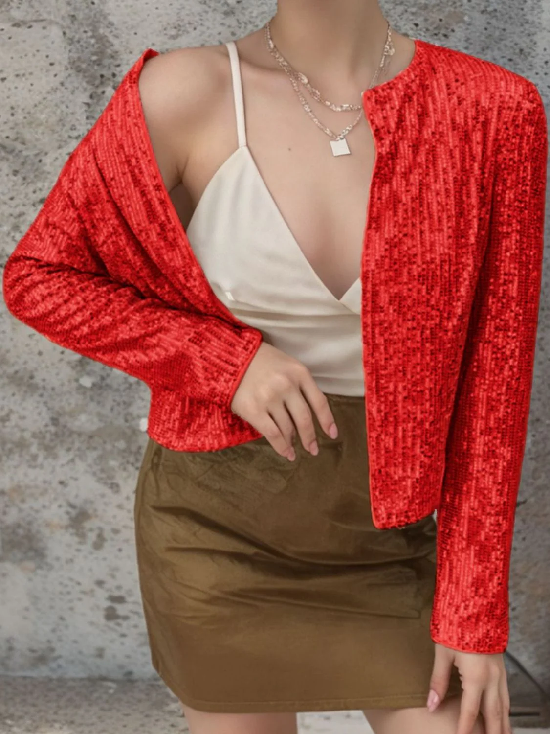 Full Size Sequin Open Front Cropped Jacket - Image 15