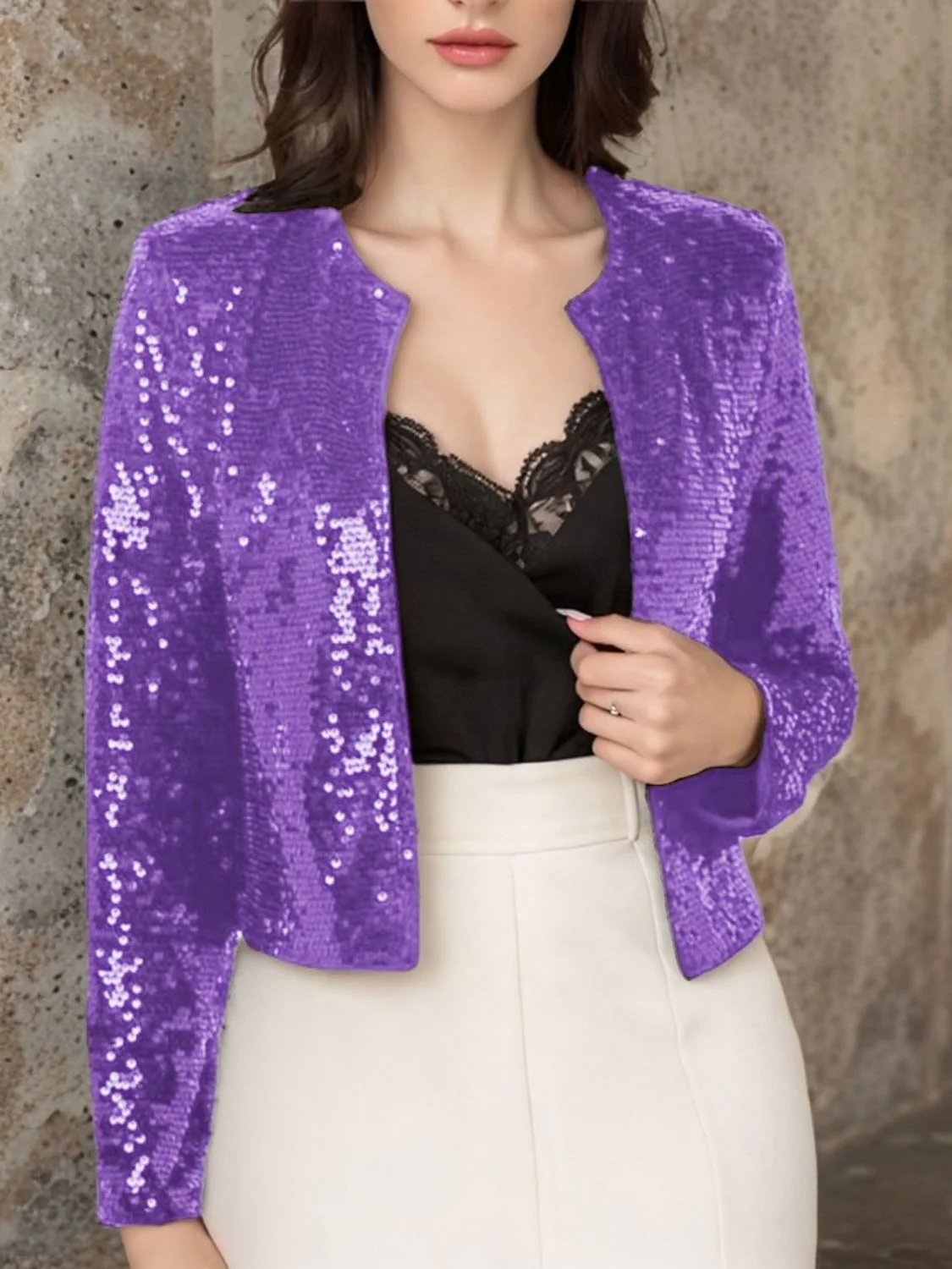 Full Size Sequin Open Front Cropped Jacket - Image 20