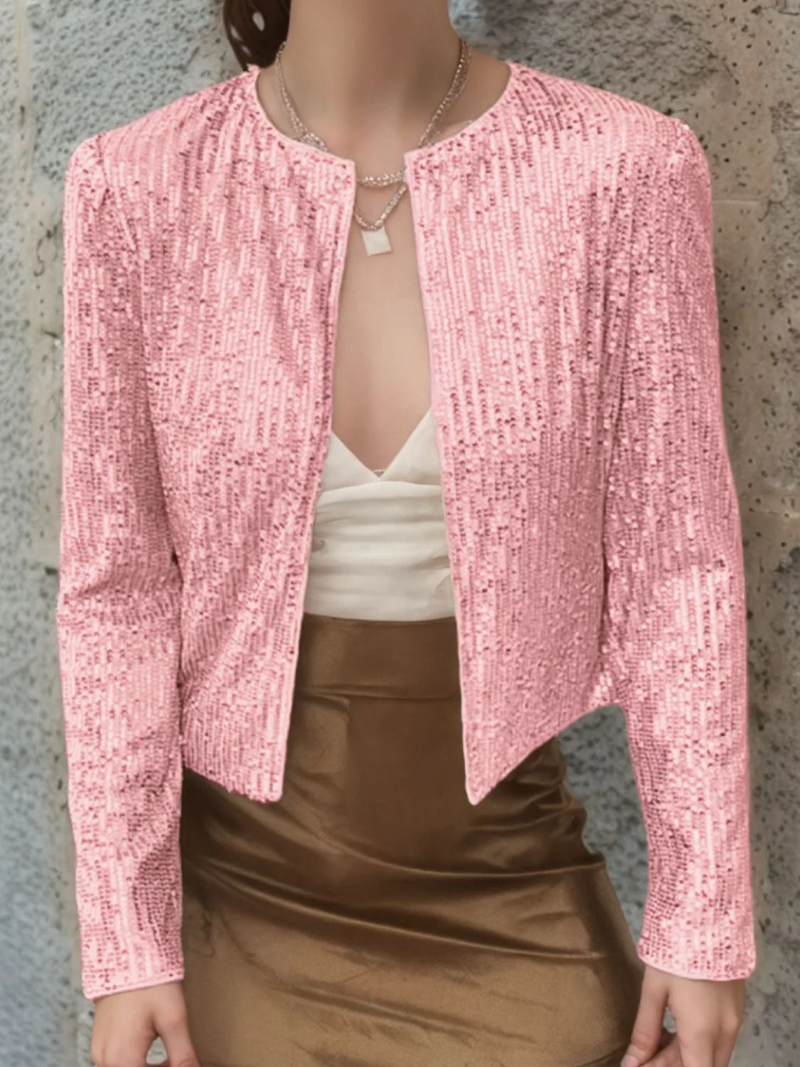 Full Size Sequin Open Front Cropped Jacket - Image 24