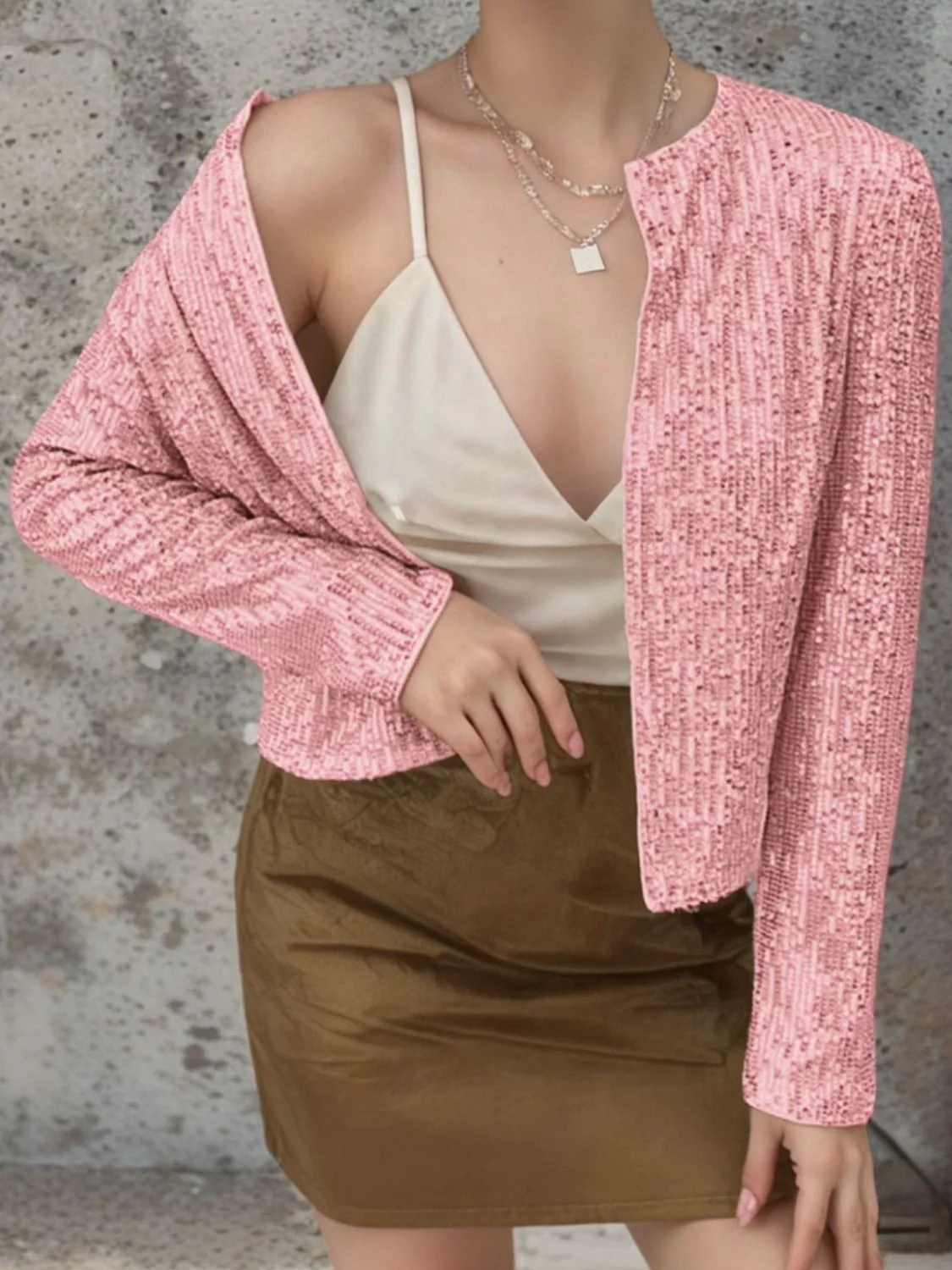 Full Size Sequin Open Front Cropped Jacket - Image 25