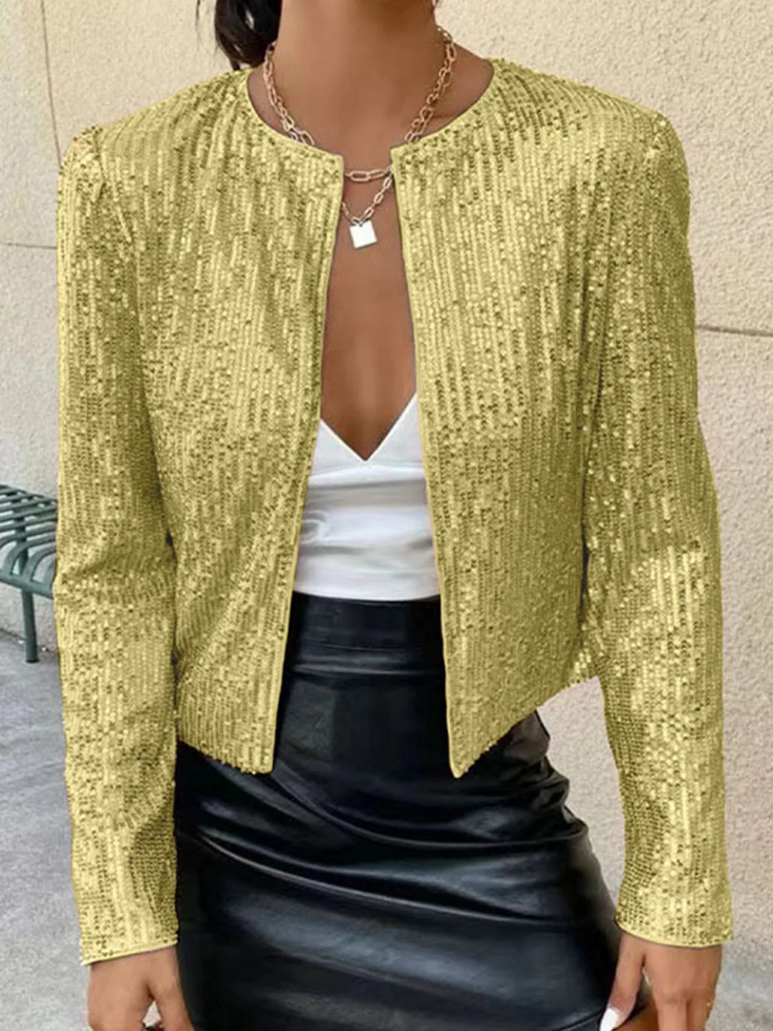 Full Size Sequin Open Front Cropped Jacket - Image 29
