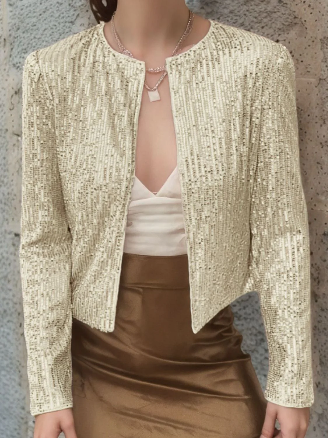 Full Size Sequin Open Front Cropped Jacket - Image 30