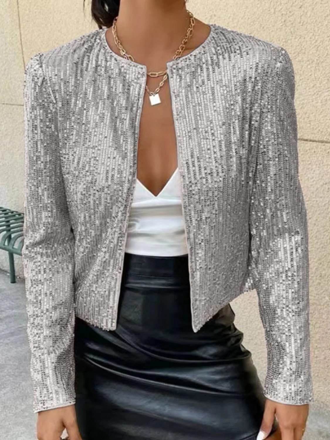 Full Size Sequin Open Front Cropped Jacket - Image 34