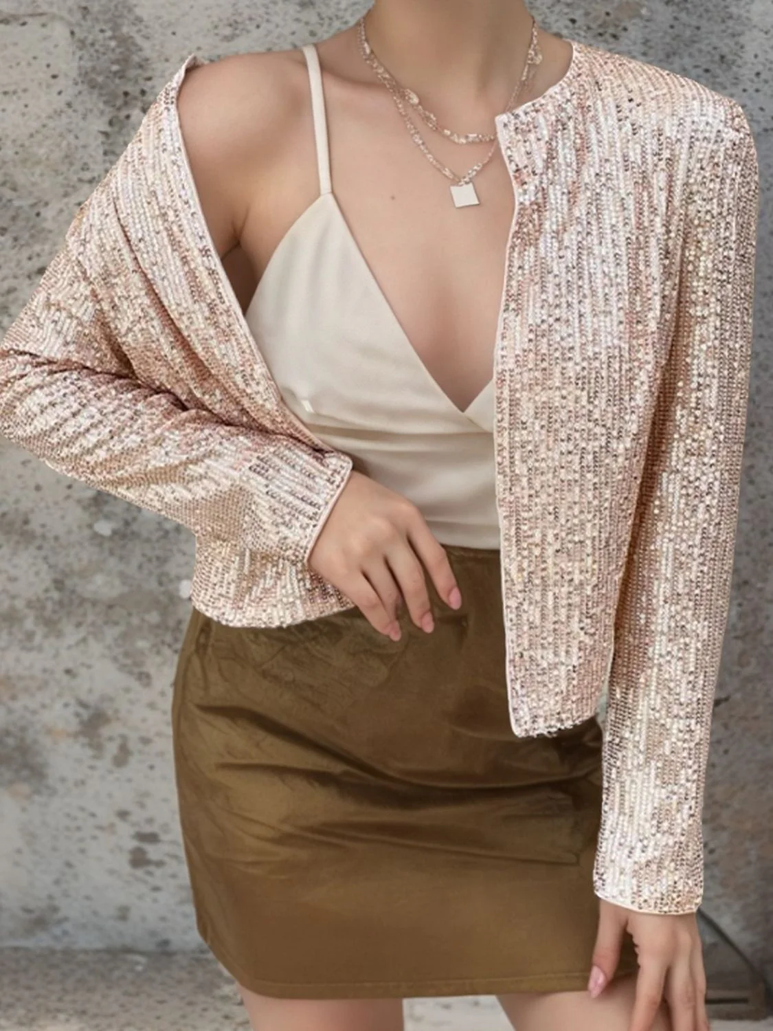 Full Size Sequin Open Front Cropped Jacket - Image 4