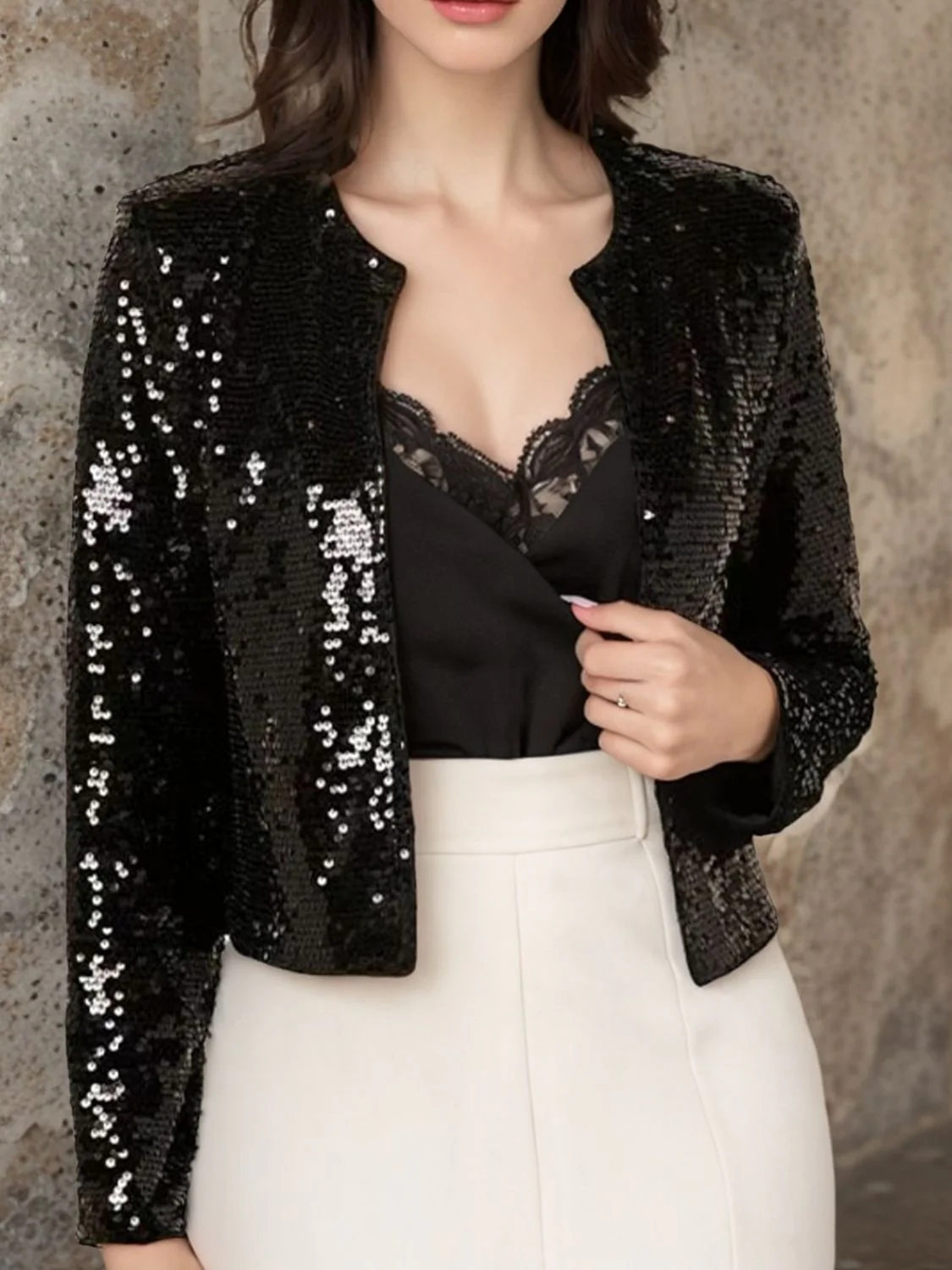 Full Size Sequin Open Front Cropped Jacket - Image 5