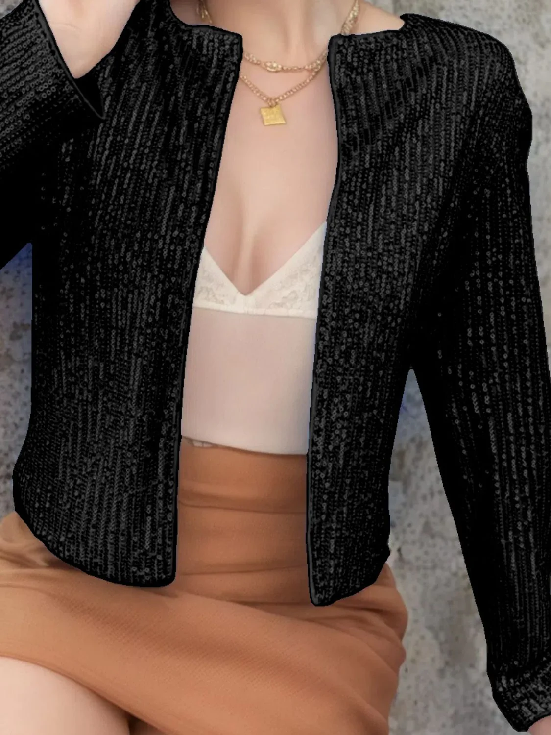 Full Size Sequin Open Front Cropped Jacket - Image 7