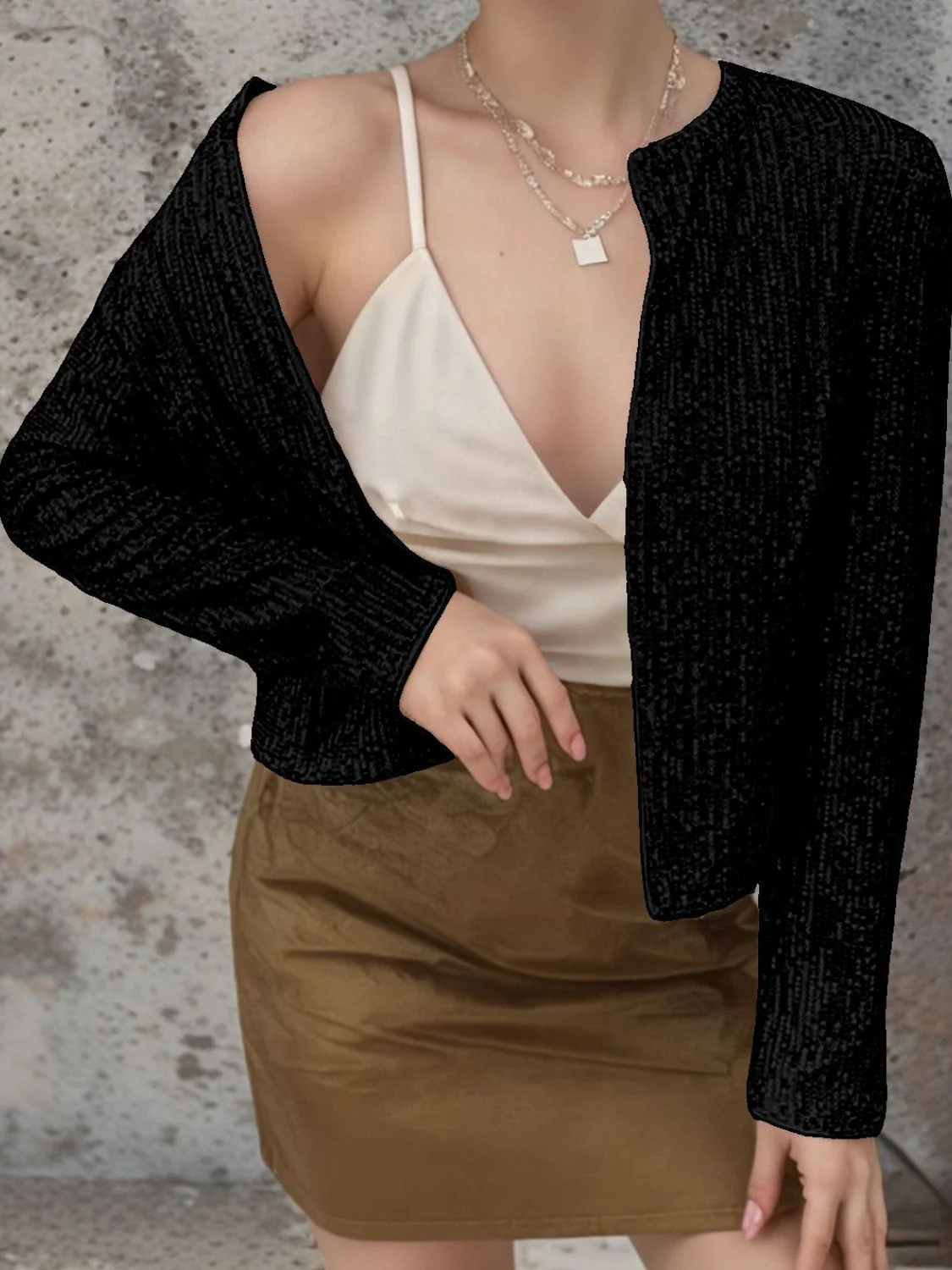 Full Size Sequin Open Front Cropped Jacket - Image 8